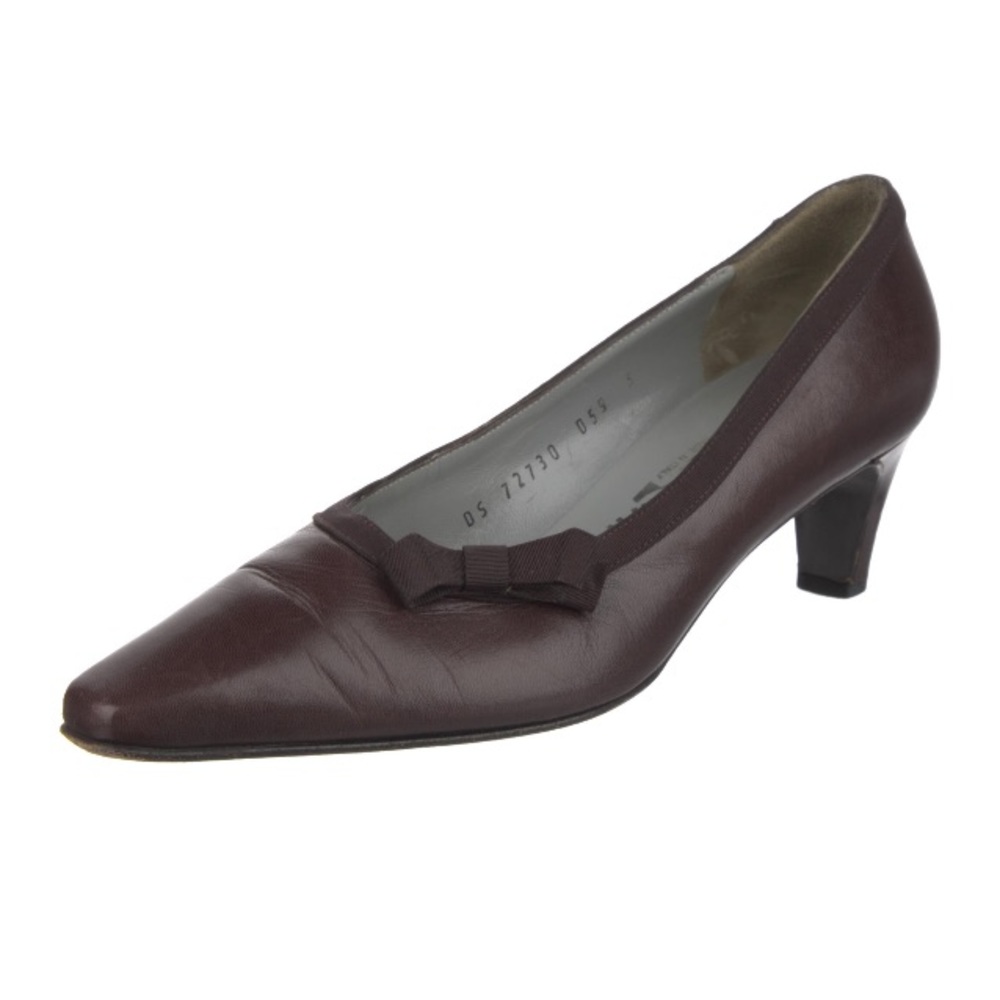 Salvatore Ferragamo Bow Tie Leather Pointed Square Toe Heels Pumps Brown 5